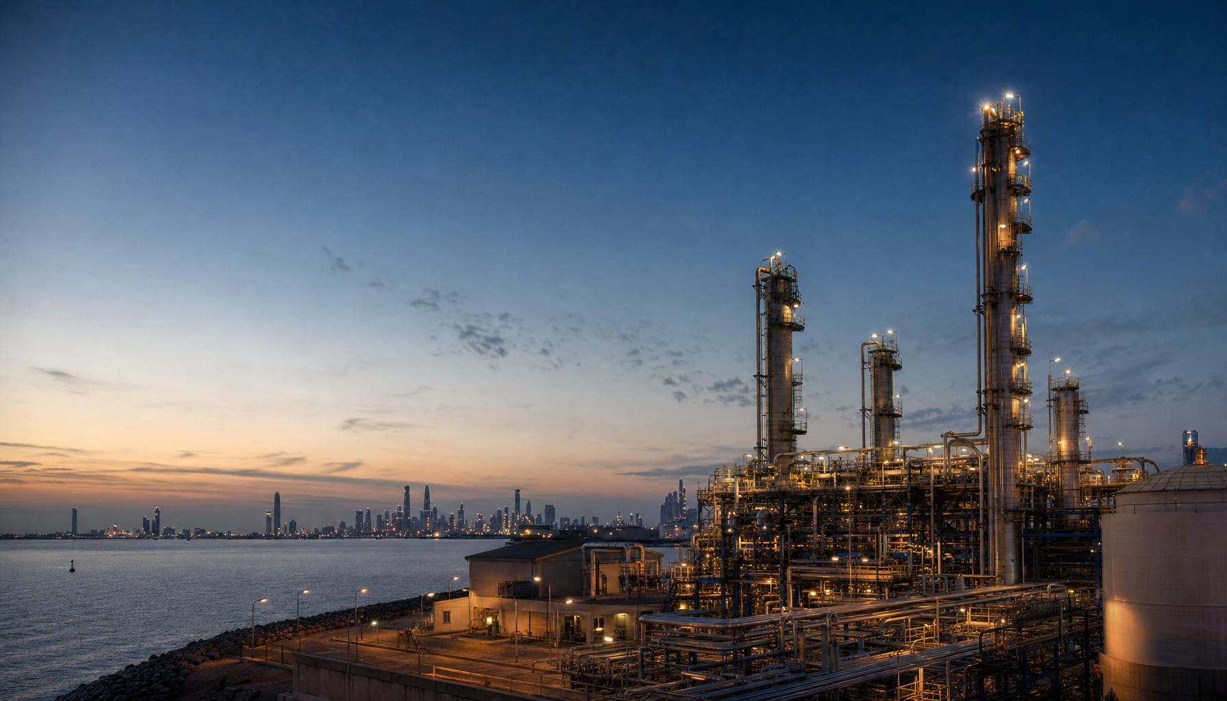 Illustrative oil and gas infrastructure at dusk